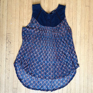 Lucky Brand Floral Babydoll Sleeveless Top Womens Size L Crochet Semi Sheer Boho